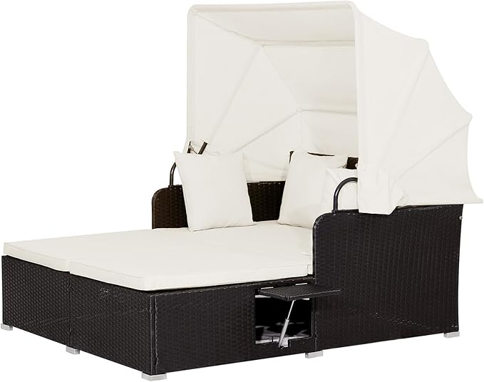 Moccha Outdoor Daybed with Retractable Canopy, Wicker Cabana with 2 Side Tables by LDAILY