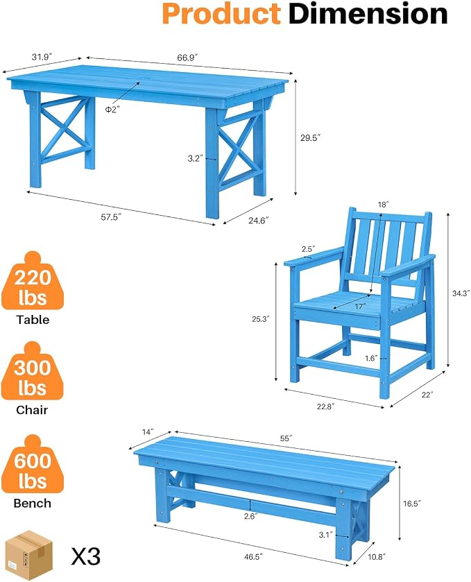 HDPE Outdoor Dining Set of 6, Patio Dining Table Set - Image 3
