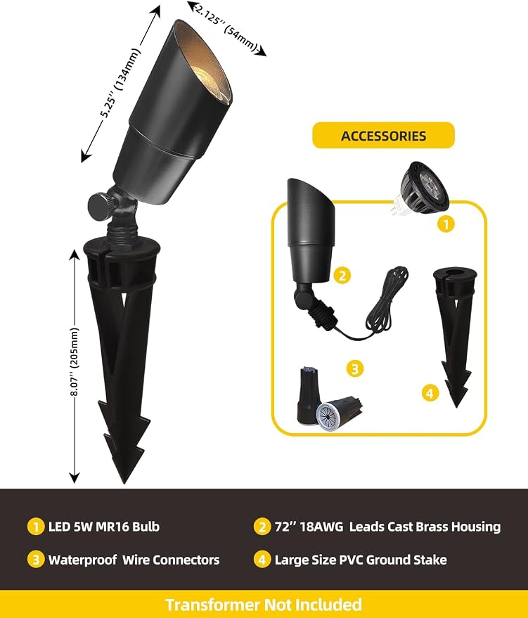COLOER Brass Low Voltage Landscape Spotlight 6-Pack - Image 4