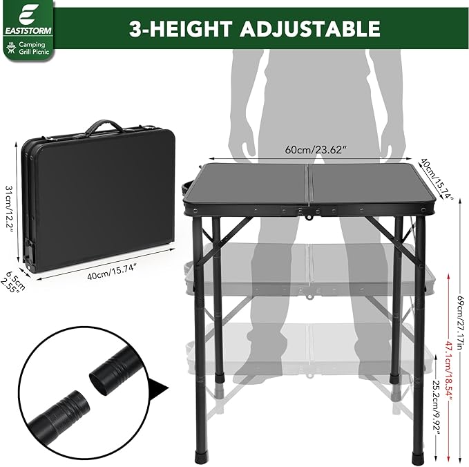 Small Metal Folding Table 3 Adjustable Heights, 23.6''×15.7''×27'' Heavy-Duty - Image 3