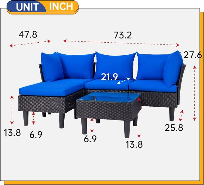 FDW 5 Pieces Patio Furniture Sets Outdoor Sectional Sofa Wicker Chair Rattan - Image 7