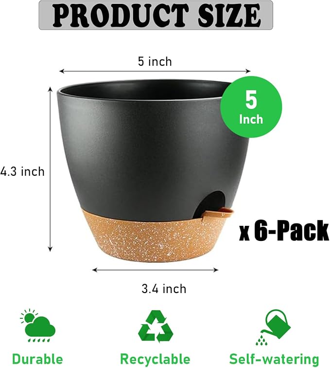 6-Pack Plant Pots with Drainage 5 Inch, Self Watering Pots - Image 2