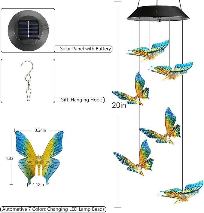 Toodour Solar Wind Chime, Color Changing Wind Chimes Butterfly, LED Decorative - Image 2