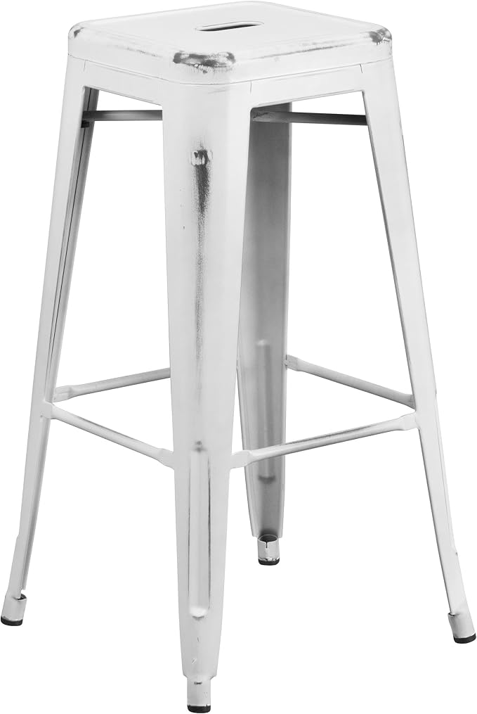 Flash Furniture Kai Commercial Grade 30" High Backless Distressed White Metal - Image 4