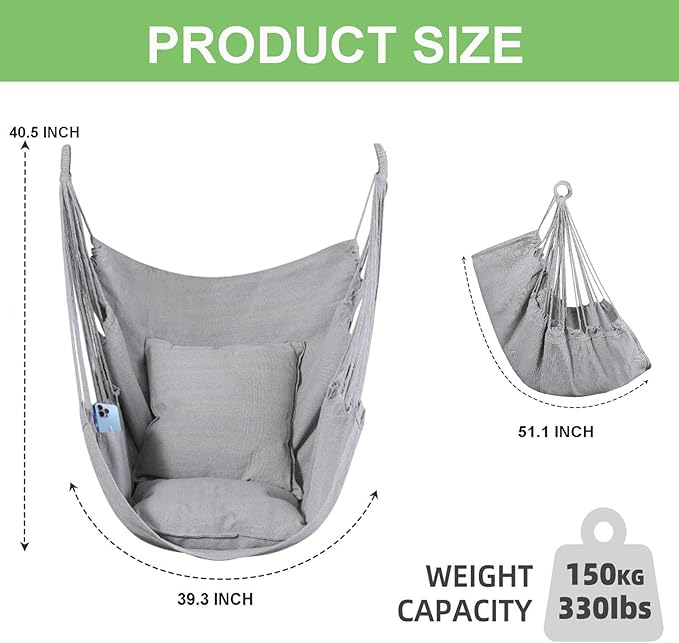 Goutime Hammock Chair, Boho Hanging Rope Ceiling Swing, Macrame Hanging - Image 2