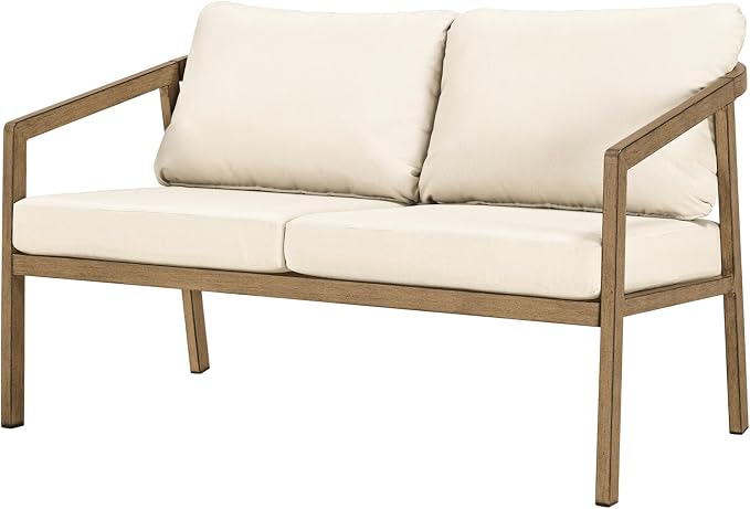 Teak Outdoor Patio Loveseat, Never-Rust Aluminum Outdoor Loveseat Couch by SeeHill