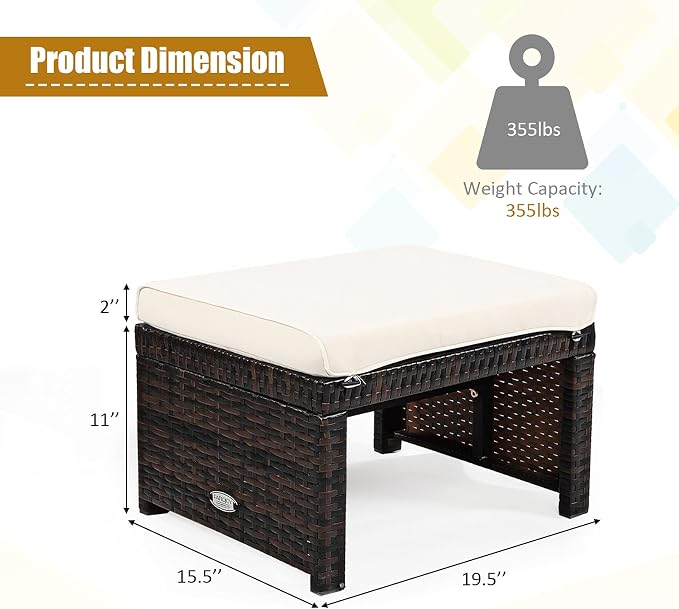 Tangkula 2 Pieces Patio Rattan Ottomans, All Weather Outdoor Footstool Footrest - Image 5