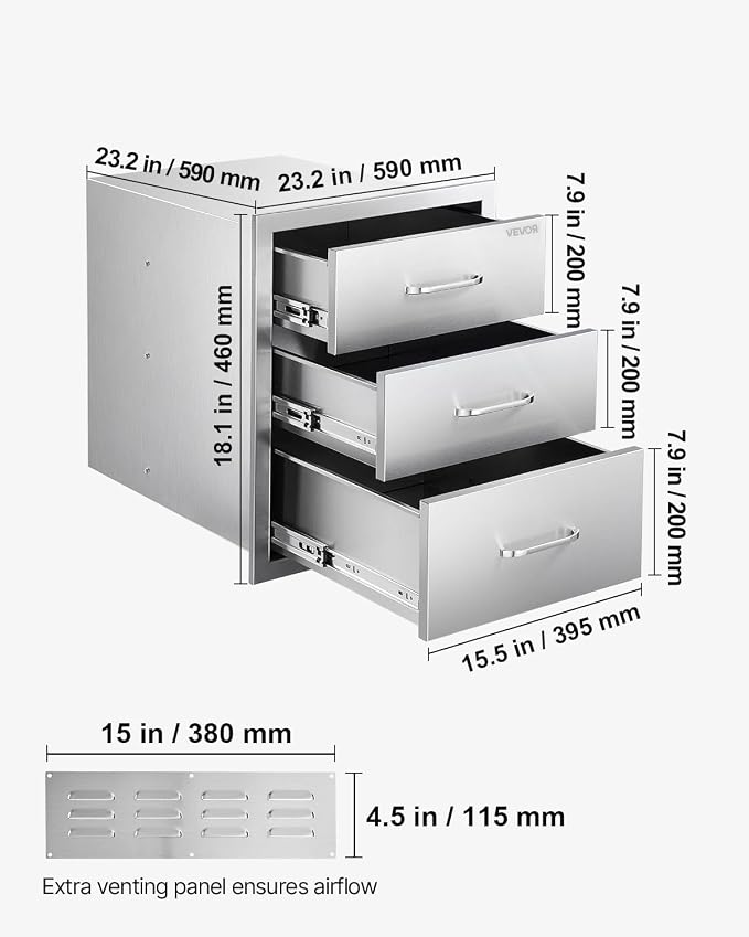 VEVOR Outdoor Kitchen Drawers 18.11" W x 23.23" D x 23.23" H, Triple-Access - Image 3
