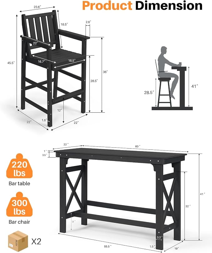 3 Pieces HDPE Outdoor Bar Table and Chairs Set, Tall Adirondack Chairs Set of 2 - Image 4