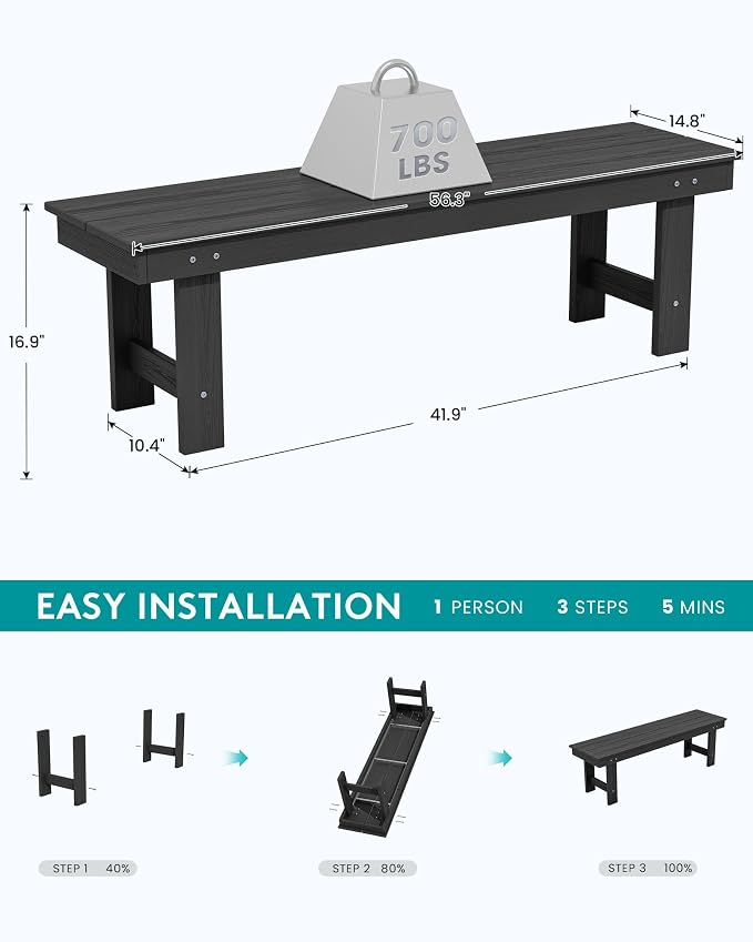 SERWALL 2-Person Outdoor Bench Backless, HDPE Outdoor Benches Weatherproof - Image 3