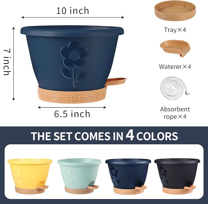 Plastic Plant Pots 10 Inch Set of 4, Self Watering Pots - Image 3