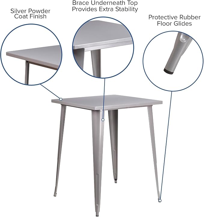 Flash Furniture Nolan Commercial Grade 31.5" Square Silver Metal Indoor-Outdoor - Image 4
