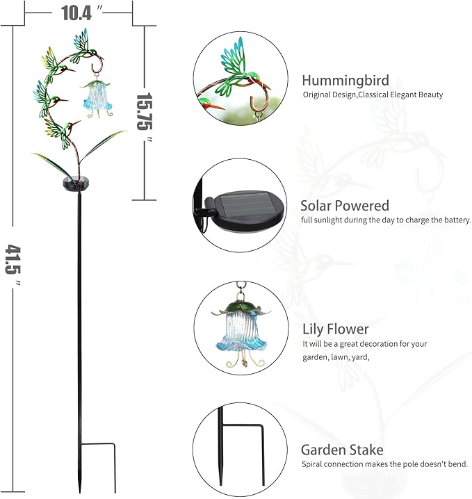 Bshine Solar Hummingbird Lights Outdoor Garden Decoration, Metal Stake - Image 6
