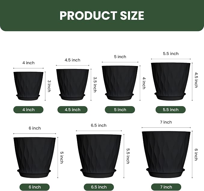 7/6.5/6/5.5/5/4.5/4 inch Plastic Plant Pots, 7 Pack Flower Planter - Image 2