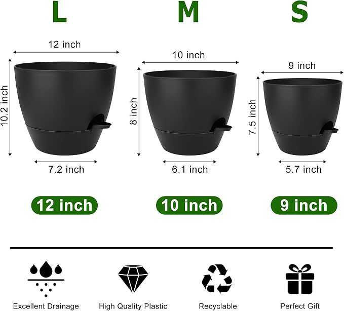 Plant Pots 12/10/9 Inch Self Watering Pots, Plastic Flower Pots, Nursery - Image 3
