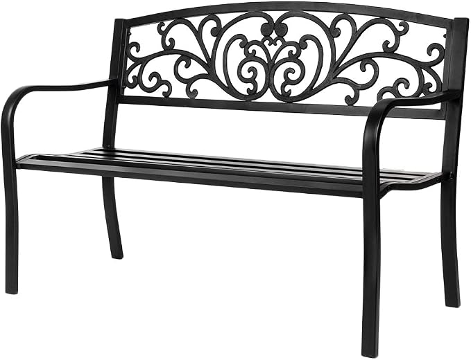 VINGLI Outdoor Bench for Patio Metal Garden Bench w/PVC Back Pattern by VINGLI