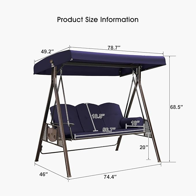 PURPLE LEAF 3-Seat Deluxe Outdoor Patio Porch Swing - Image 5
