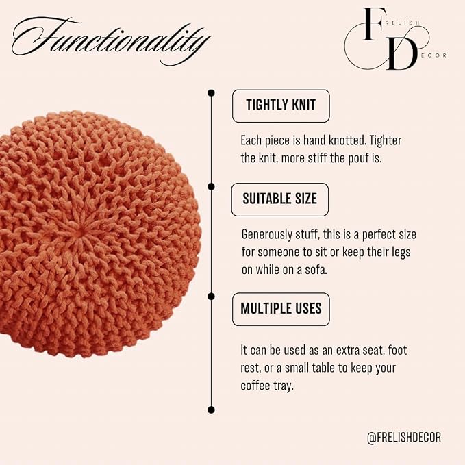 FRELISH DECOR Round Pouf Ottoman Hand Knitted 100% Cotton Pouf Foot Stool - Image 5