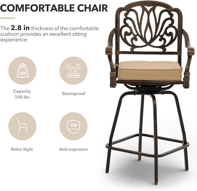 3 Piece Swivel Outdoor Table and Chairs Bar Set, All-Weather Cast Aluminum - Image 4