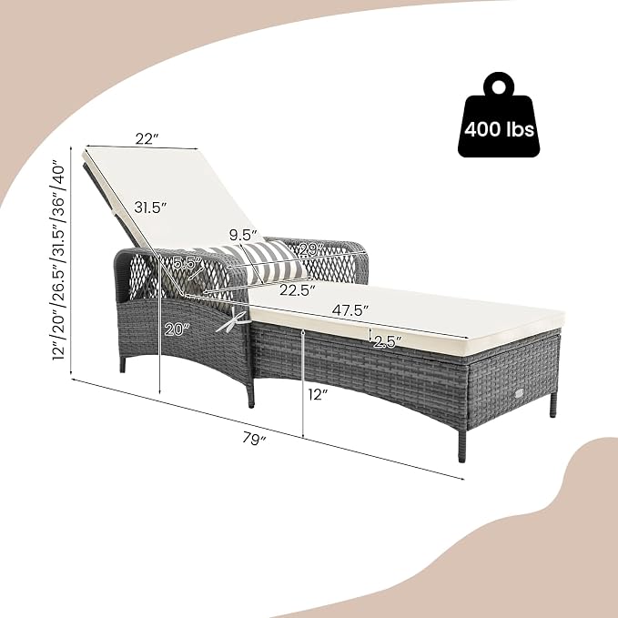 Tangkula Wicker Chaise Lounge Outdoor Set of 2, Patio Rattan Reclining Chaise - Image 3
