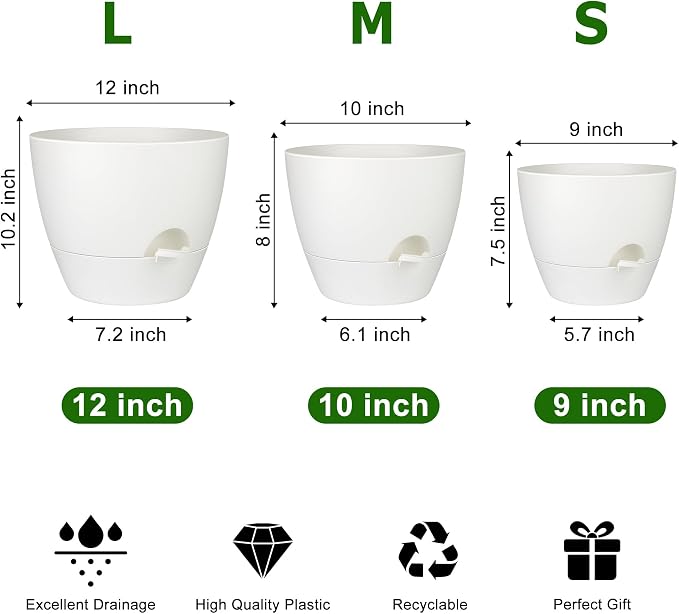 Plant Pots 12/10/9 Inch Self Watering Pots, Plastic Flower Pots, Nursery - Image 3