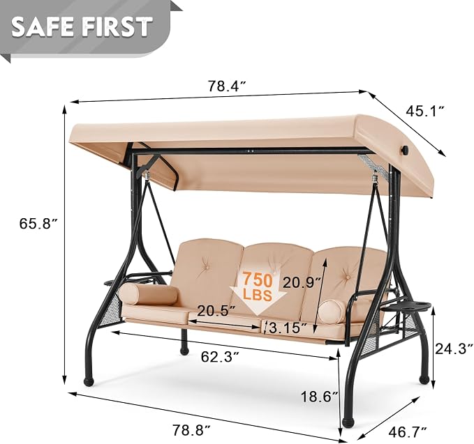 HOMREST 3 Seat Outdoor Porch Swing - Image 6