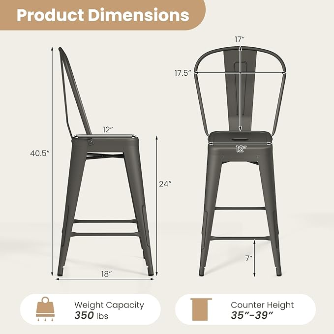 COSTWAY 24'' Metal Bar stools Set of 4, - Image 3