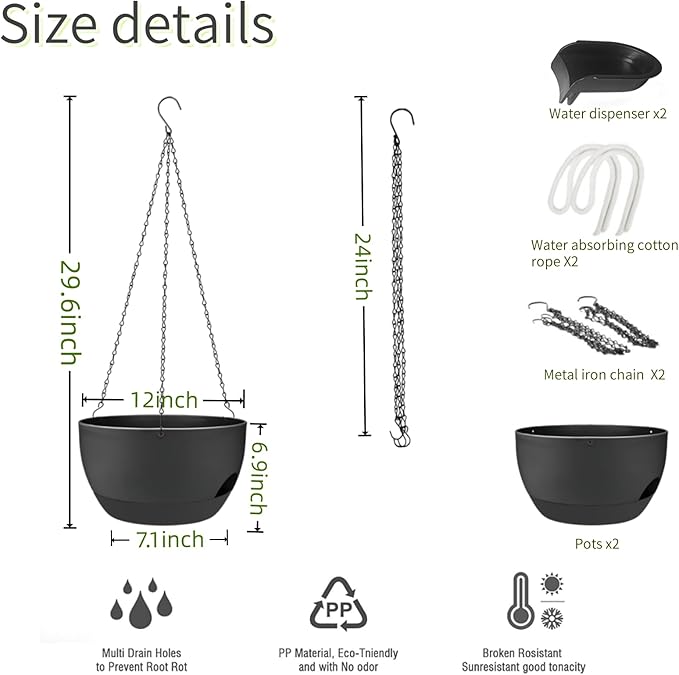 2 Pack Hanging Planters for Indoor Outdoor Plants, 12 Inch Self Watering - Image 3