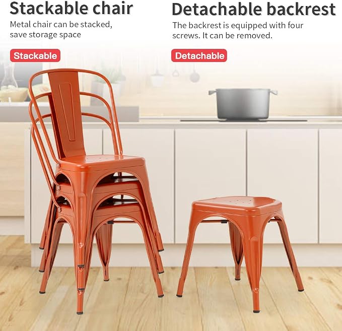 FDW | Set of 4 Metal Dining Chairs | Orange | Stackable Tolix Side Chairs - Image 8