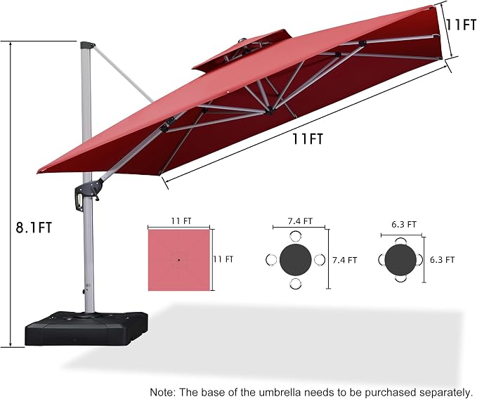 PURPLE LEAF Patio Umbrella 11 Feet Double Top Deluxe Square Offset Hanging - Image 8
