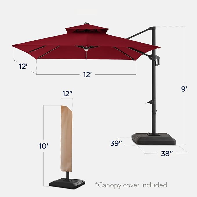 Best Choice Products 12x12ft LED Cantilever Patio Umbrella w/Base Included & - Image 2