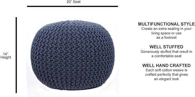 FRELISH DECOR Round Pouf Ottoman Hand Knitted 100% Cotton Pouf Foot Stool - Image 3