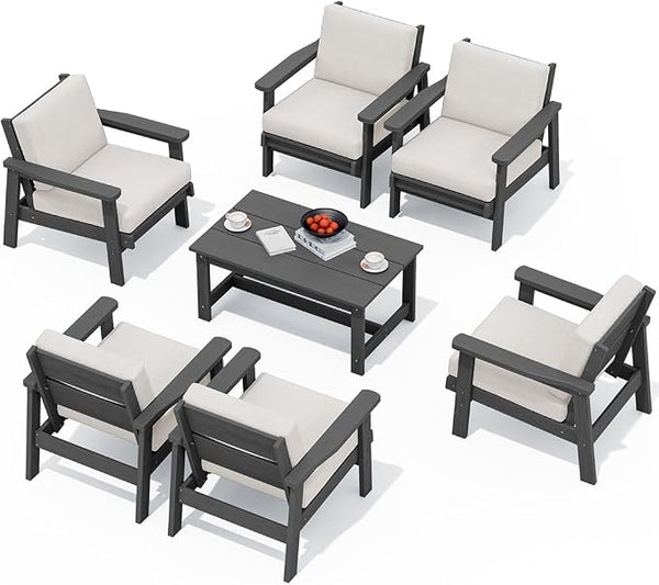 SERWALL HDPE Outdoor Furniture Set, 7 Piece All Weather Wood-Like Outdoor Sofa by SERWALL