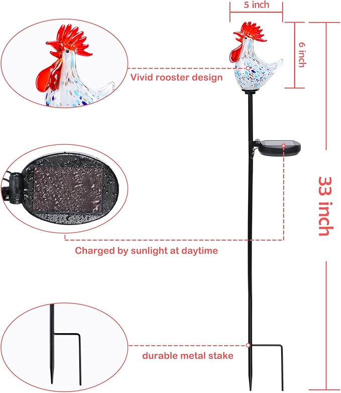 Afirst Decorative Solar Lights Outdoor Solar Rooster Stake Lights Hand Blown - Image 4