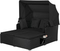 Moccha Outdoor Daybed with Retractable Canopy, Wicker Cabana with 2 Side Tables by LDAILY