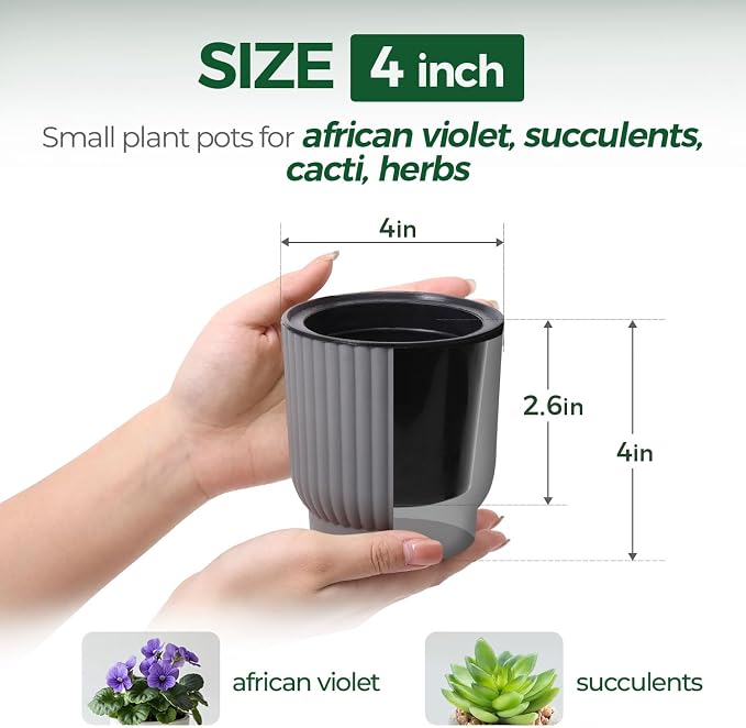 T4U 4 Inch Plant Pots Self Watering, 6 Pack African Violet Pots, Small Plant - Image 2