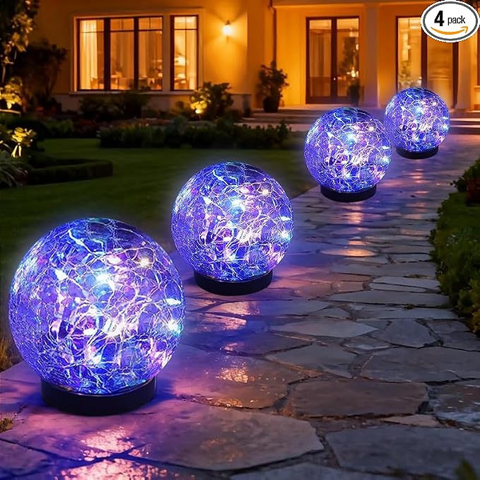 Solar Garden Lights Outdoor Waterproof, 4 Pack Cracked Glass Ball Light by SyouHome