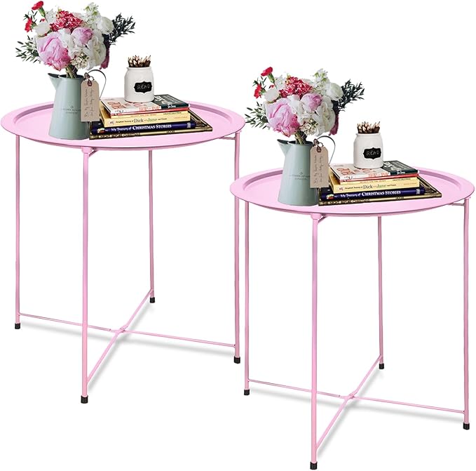 Garden 4 you End Table 2 PCS Metal Side Table Pink Round Folding Tray Cyan Sofa by Garden4you