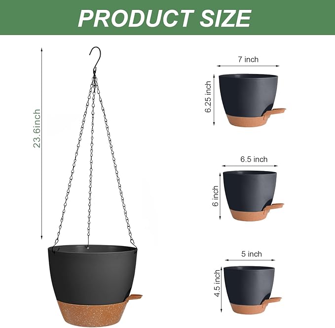 3 Pack Hanging Planter Indoor Outdoor Flower Pots 7/6.5/5 Inch, Self-Watering - Image 3