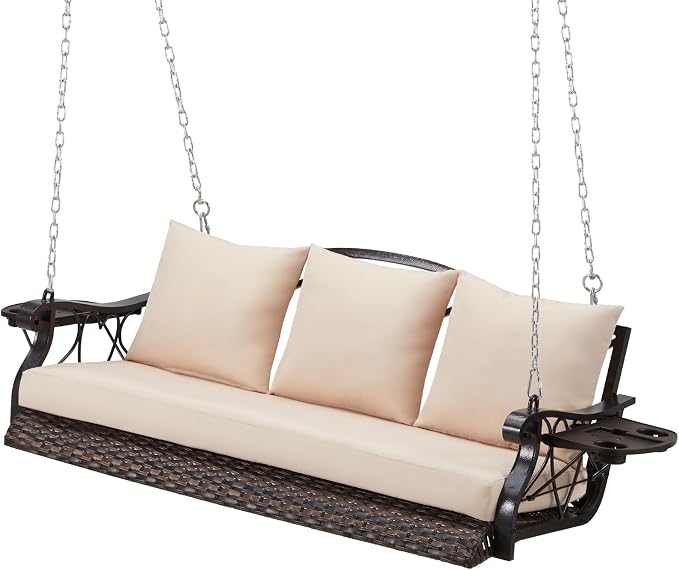 3-Person Wicker Porch Swing Chair Heavy Duty 900 LBS Outdoor Rattan Patio Swing by zzw