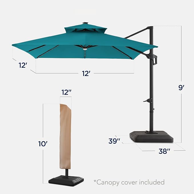 Best Choice Products 12x12ft LED Cantilever Patio Umbrella w/Base Included & - Image 2