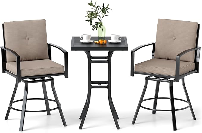 Tangkula 3 Pieces Patio Swivel Bar Set, Outdoor Metal Bar Table and Chairs Set by TANGKULA