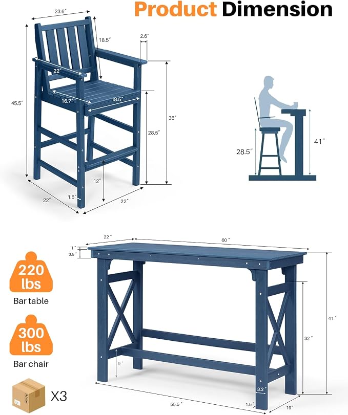 5-Piece HDPE Patio Bar Set, Rectangular Bar Height Table and 4 Adirondack Bar - Image 4