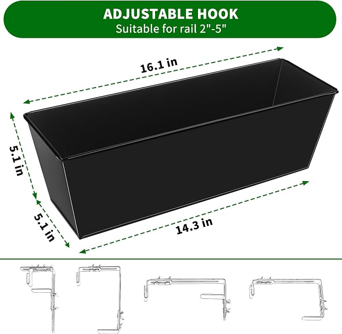 Railing Planter for Outdoor Plants 16 Inch Metal Rectangular Window Boxes - Image 2