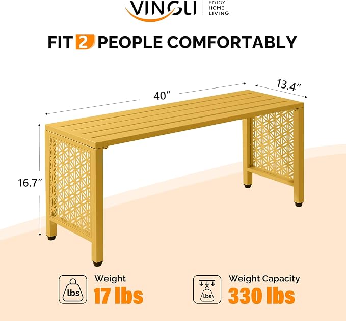 VINGLI 40in Outdoor Metal Bench, All-Weathe Backless Patio Bench - Image 3