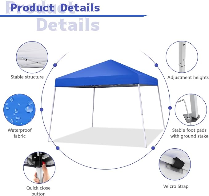 Canopy Tent, 10X10 FT Pop Up Canopy Outdoor Instant Tent Slant Legs - Image 2