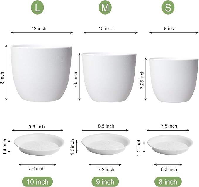 12/10/9 inch Large Plant Pots, 3 Pack Modern Decorative Plastic Planters - Image 3