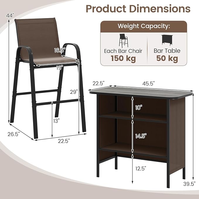 Tangkula 3 Piece Outdoor Bar Set, Patio Bar Height Table & Armchairs - Image 4