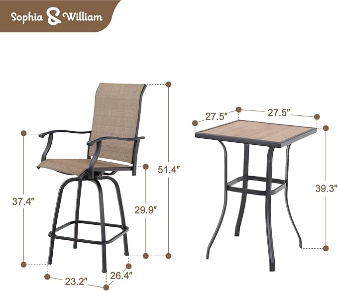 Sophia & William Outdoor Bar Set, Patio Bar Table and Chairs Set, Bar Height - Image 7