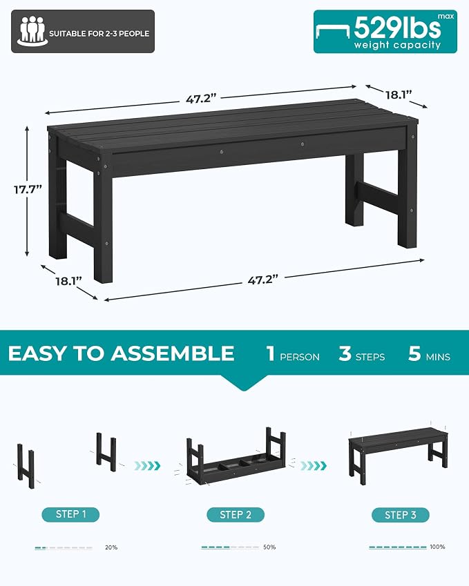 SERWALL 47 Inches Outdoor Bench Set of 2, All Weather HDPE Backless Bench - Image 3